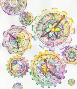 星と植物の歯車時計のイラスト