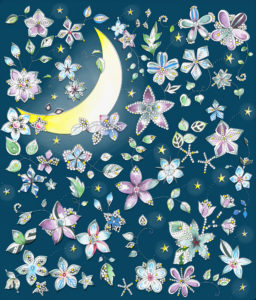 花の星が浮かぶ夜空のイラスト