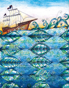 葉模様の海と帆船のイラスト