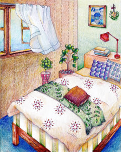 そよ風が心地よい寝室のイラスト